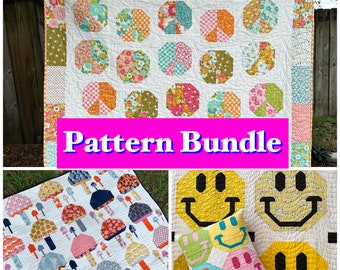 Peace Out|Mellow Mushrooms|Come On Get Happy quilt pattern bundle Peace Sign quilt pattern Mushroom quilt pattern Smiley Face quilt pattern