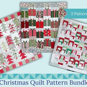 May include: A Christmas quilt pattern bundle featuring three different designs. One quilt showcases Christmas trees, another presents gift boxes, and the third displays snowmen. The patterns use red, green, and white fabrics.