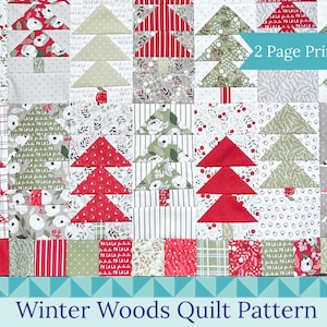 May include: A patchwork quilt pattern featuring a winter woods theme. The design includes repeating tree motifs in red, green, and beige, set against a backdrop of various patterned fabrics. The text "2 Page Printable" is visible.