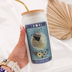 The Coffee Addict Tarot Card Iced Coffee Glass Tumbler Funny Mystic Celestial Witchy Spiritual Gifts Trendy Cups Witch Bohemian Halloween