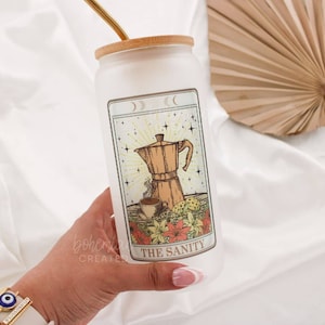 The Sanity Coffee Tarot Card Iced Coffee Glass Tumbler Funny Mystic Celestial Witchy Spiritual Gift Trendy Cup Witch Boho Halloween Cafecito