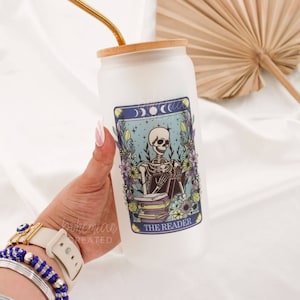 The Reader Tarot Card Iced Coffee Glass Tumbler Funny Mystic Celestial Witchy Spiritual Gifts Trendy Cups Witch Boho Halloween Book Lover