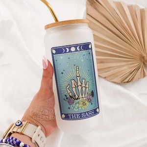 The Sass Tarot Card Iced Coffee Glass Tumbler Funny Mystic Celestial Witchy Spiritual Gifts Trendy Cups Witch Boho Halloween Middle Finger