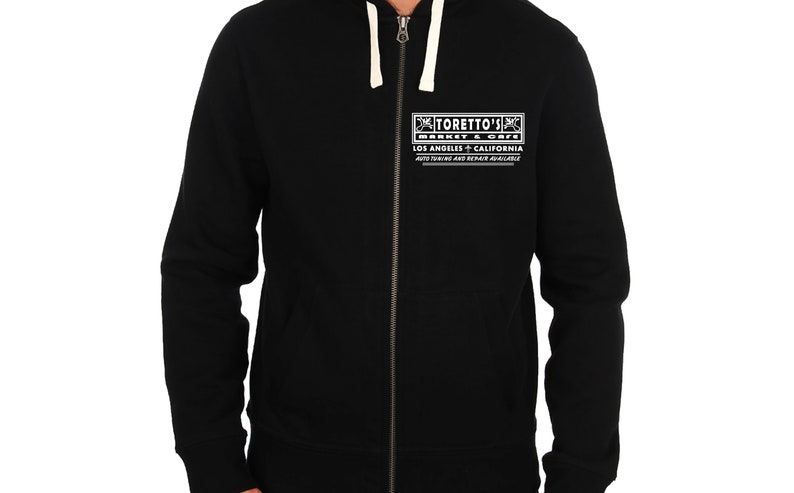 Fast and Furious Toretto's Market and Café No Tuna Inspired Two-Sided Screen-Printed Zip-Up Hoodie Black/WhiteImage