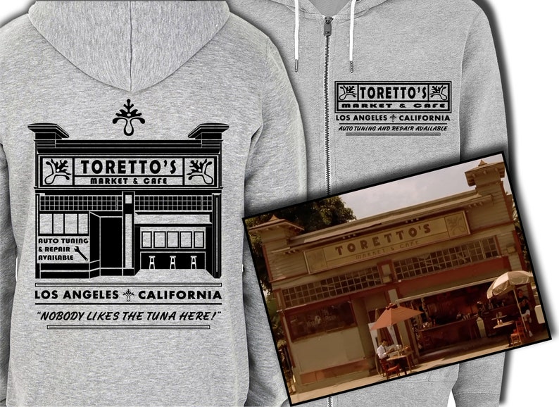 Fast and Furious Toretto's Market and Café No Tuna Inspired Two-Sided Screen-Printed Zip-Up Hoodie image 1