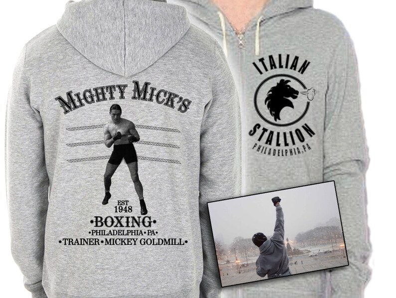 Rocky Balboa Italian Stallion Mighty Mick's Grey Hoodie Original Design Screenprinted image 1