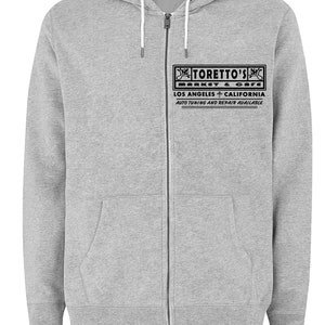 Fast and Furious Toretto's Market and Café No Tuna Inspired Two-Sided Screen-Printed Zip-Up Hoodie Grey/BlackImage