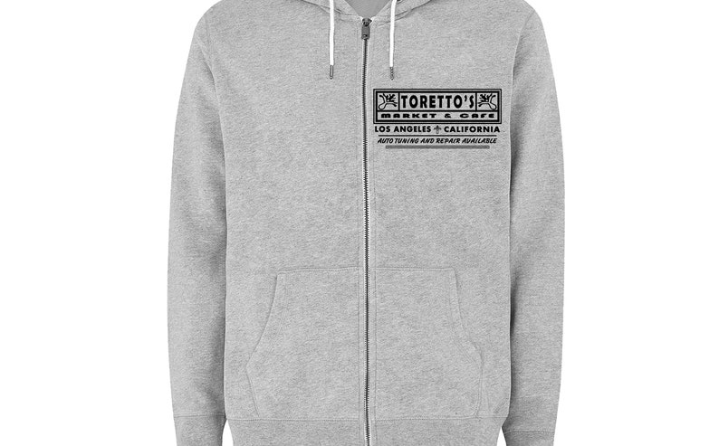 Fast and Furious Toretto's Market and Café No Tuna Inspired Two-Sided Screen-Printed Zip-Up Hoodie Grey/BlackImage