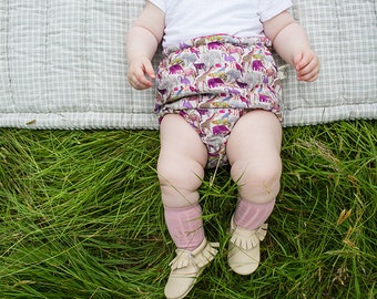 Little Liberty Zoo Keepers collection, reversible baby bloomers, Liberty of London,  Liberty Flamingo Pink.