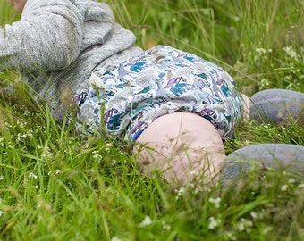 Little Liberty Zoo Keepers collection, reversible baby bloomers, Liberty of London, Liberty Elephant Blue.