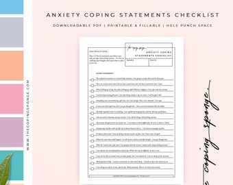 Anxiety Relief Affirmation Cards Coping Skills Printable Checklist | Positive Thoughts | Self Help - "Anxiety Coping Statements Checklist"
