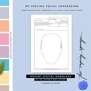 May include: Printable worksheet with a blank face outline for drawing facial expressions. The worksheet is titled "My Feeling Facial Expression" and includes instructions for drawing different facial expressions. The worksheet is available in A4, A5, Letter, and Half Letter sizes and comes in 8 bonus colors.