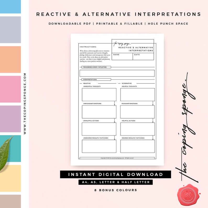 May include: Printable worksheet with a black and white design. The worksheet is titled "Reactive & Alternative Interpretations" and includes sections for "Unhelpful Thoughts", "Pleasant Emotions", "Unhelpful Actions", and "Desired Results/Outcomes".