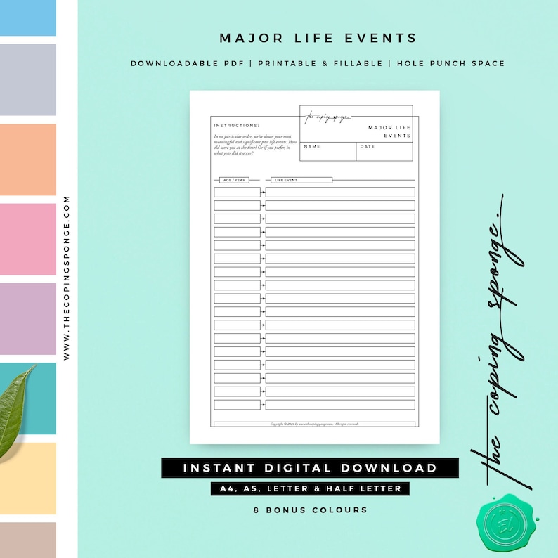 May include: Printable Major Life Events tracker with a black and white design. The tracker has columns for age, year, and life event. The document is downloadable and includes 8 bonus colors.