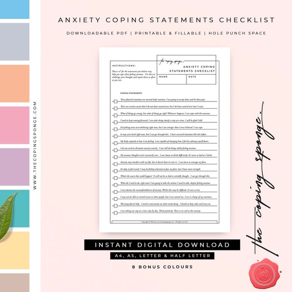 Anxiety Relief Affirmation Cards Coping Skills Printable Checklist | Positive Thoughts | Self Help - "Anxiety Coping Statements Checklist"