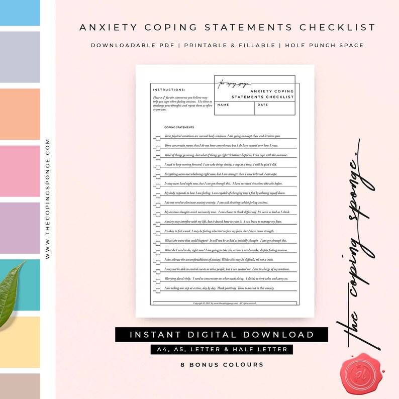 May include: A printable checklist with coping statements for anxiety. The checklist is in black and white with a light gray background. The title is "Anxiety Coping Statements Checklist". The checklist includes instructions and a list of coping statements.