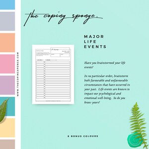 May include: A printable worksheet titled "The Coping Sponge: Major Life Events" with instructions on how to brainstorm both favorable and unfavorable life events. The worksheet has a table with columns for name, date, and major life events.