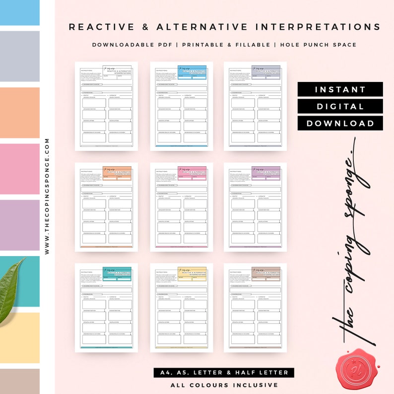 May include: Printable worksheet with six different colored backgrounds. The worksheet is titled "Reactive & Alternative Interpretations" and includes a table with sections for "Situation", "Thoughts", "Feelings", and "Alternative Interpretations". The worksheet is available in A4, A5, Letter, and Half Letter sizes.