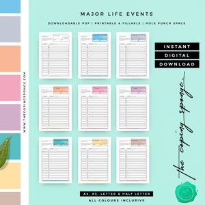 May include: Printable major life events tracker in six different colors: blue, pink, purple, orange, yellow, and brown. The tracker is designed for A4, A5, letter, and half letter sizes. The text "Instant Digital Download" is in the top right corner of the image. The text "The Coping Sponge" is in the bottom right corner of the image.