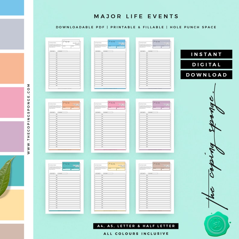 May include: Printable major life events tracker in six different colors: blue, pink, purple, orange, yellow, and brown. The tracker is designed for A4, A5, letter, and half letter sizes. The text "Instant Digital Download" is in the top right corner of the image. The text "The Coping Sponge" is in the bottom right corner of the image.