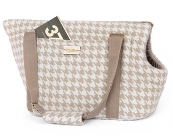 Pet Carrier – Houndstooth Tweed Sand Beige Dog & Cat Carrier AURELIA