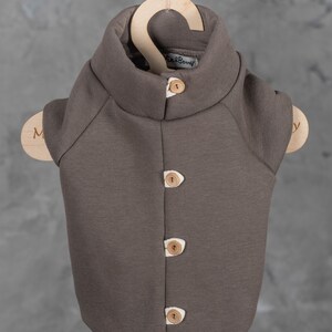 May include: A dark brown sleeveless vest with a high collar and four light brown wooden buttons down the front. The garment features white fabric accents behind each button and a small interior label that reads "Lin & Berry" at the neck.
