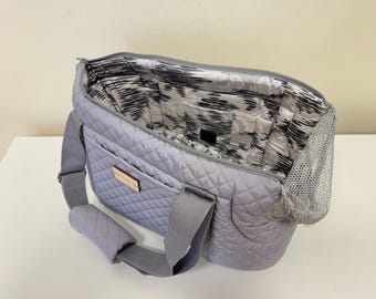SMALL (long length) size pet carrier with adjustable length shoulder straps, outside pocket & mesh