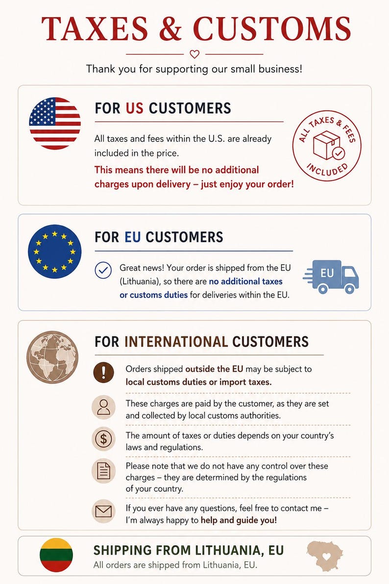 May include: An informational graphic titled TAXES & CUSTOMS with sections for US, EU, and international customers. It includes icons for the US flag, EU flag, a globe, and Lithuania flag, explaining tax and duty policies for orders shipped from Lithuania.
