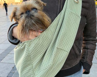 Green Velour Pet Sling Bag | Hands Free Dog Carrier for Small Dogs Cats | Comfortable Puppy Travel Pouch | Cozy Small Animal Tote - ZURI