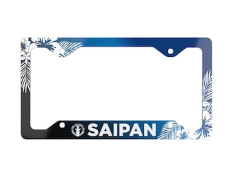Marco de matrícula de metal azul con hibisco tropical de Saipán, Islas Marianas del Norte