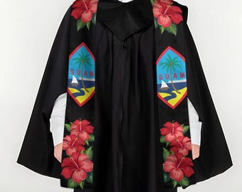Guam Seal Large Red Hibiscus Black Graduation Stole Sash