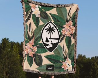 Guam Plumeria Flowers Tan Woven Blanket