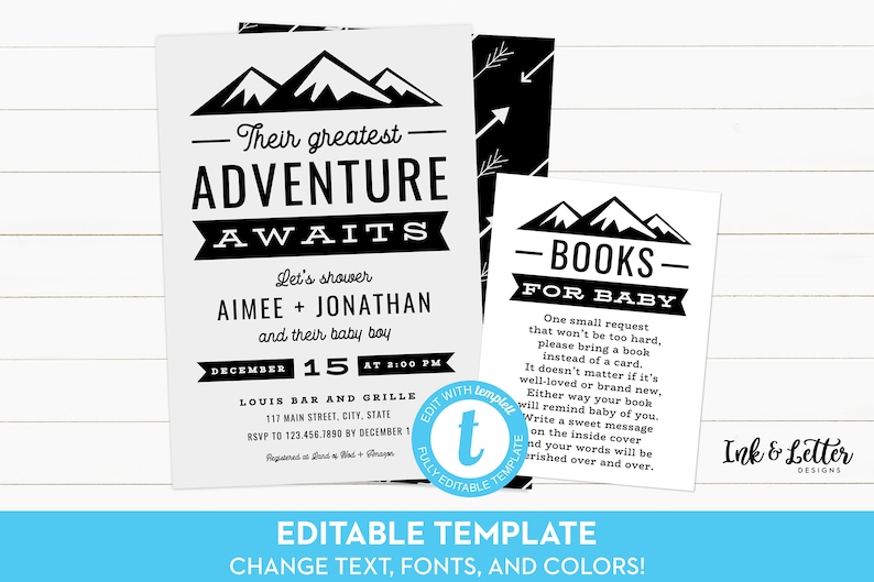 Adventure Awaits Shower Invitation Set Baby Shower Invitation with Book Request Printable Invitation Adventure Shower Invitation