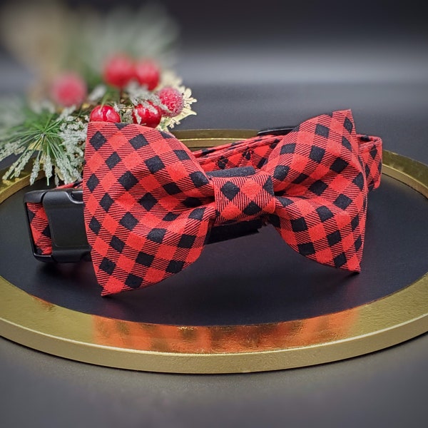 Buffalo Plaid Dog Collar with Bow Tie/ Red and Black Plaid Collar for Dogs/ Designer Gifts for Pets