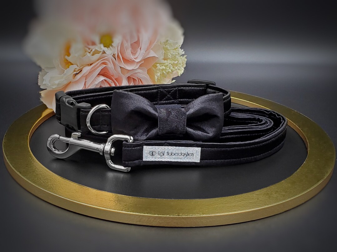Black Satin Dog Leash Collar Bow Tie/ Wedding Formal Dog Attire/ Dog