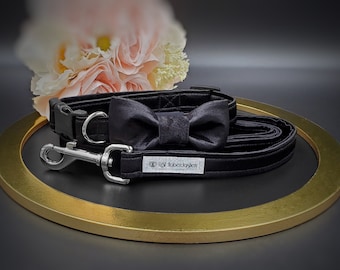 Black Satin Dog Leash Collar Bow Tie/ Wedding Formal Dog Attire/ Dog Ring Bearer/ Dog of Honor