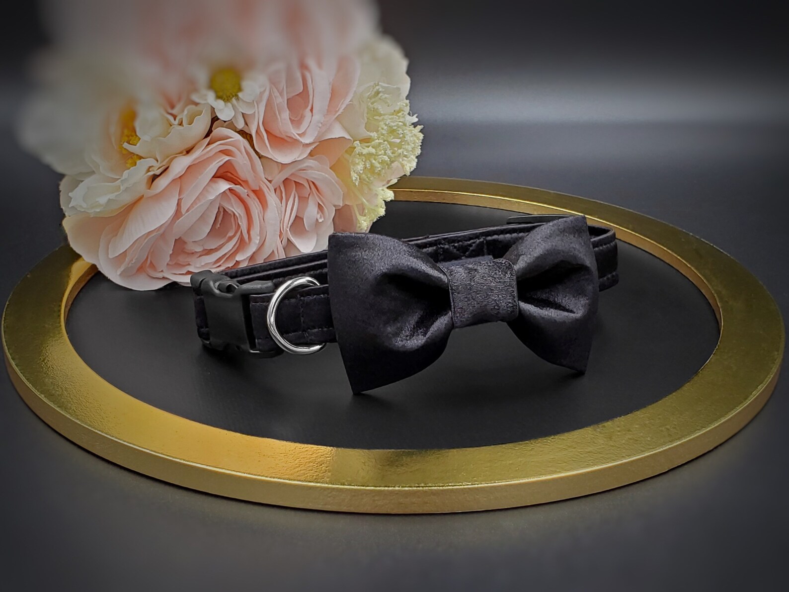 black-satin-dog-collar-with-bow-tie-wedding-formal-attire-for-dog-ring