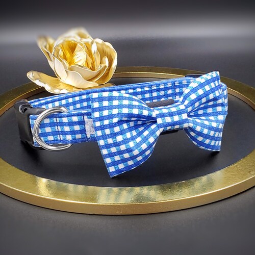 Gingham Dog Collar and Bow Tie/ Blue Plaid Collar and Bow for Etsy
