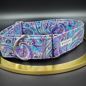 Violet and Aqua Martingale Collar/ Adjustable Purple Paisley Collar for Dogs/ Designer Gifts for Dogs and Dog Walkers