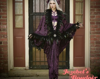 Burn Out Velvet Bat Wing Kimono, Feather Fringe Vampire Duster, Eggplant Gothic Romantic Sheer Costume Burlesque Goddess Flowing Robe Oracle