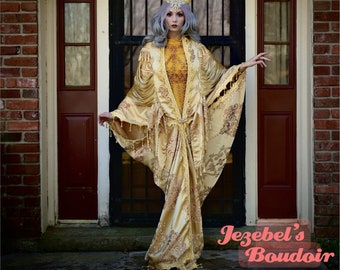 Majestic Baroque Robe, Bat Wing Romantic Burlesque Drag Queen Reveal, Goddess Costume Beaded Fringe Damask Flowing Regal Art Nouveau Kimono