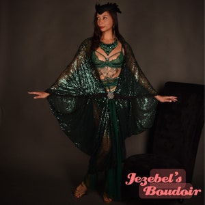Sequin Flapper Dressing Gown, Emerald Jewel Tone Cocoon Bat Wing Burlesque Flowing Kimono Dramatic Sheer Deco Gatsby 1920 Duster Robe Reveal