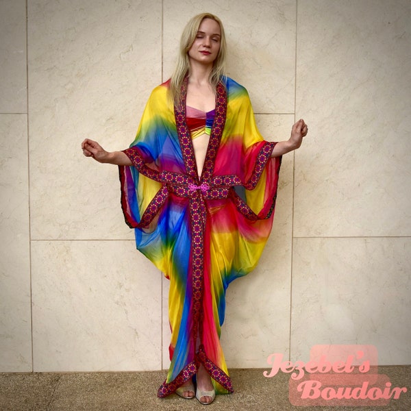 Sheer Silky Robe, Bright Burlesque Kimono, Goddess Dressing Gown, Bat Wing Regal Majestic Flowing Fortune Teller Oracle Costume Beach Wrap