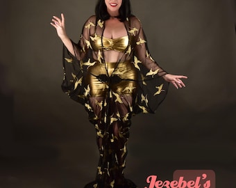 透け感のある日本の鶴の着物、グラムティキカフタン、ガウンコクーンローブ、芸者の流れるようなバーレスクコスチューム、刺繍の鳥のカフタン、ロマンチックなアジアンガウン