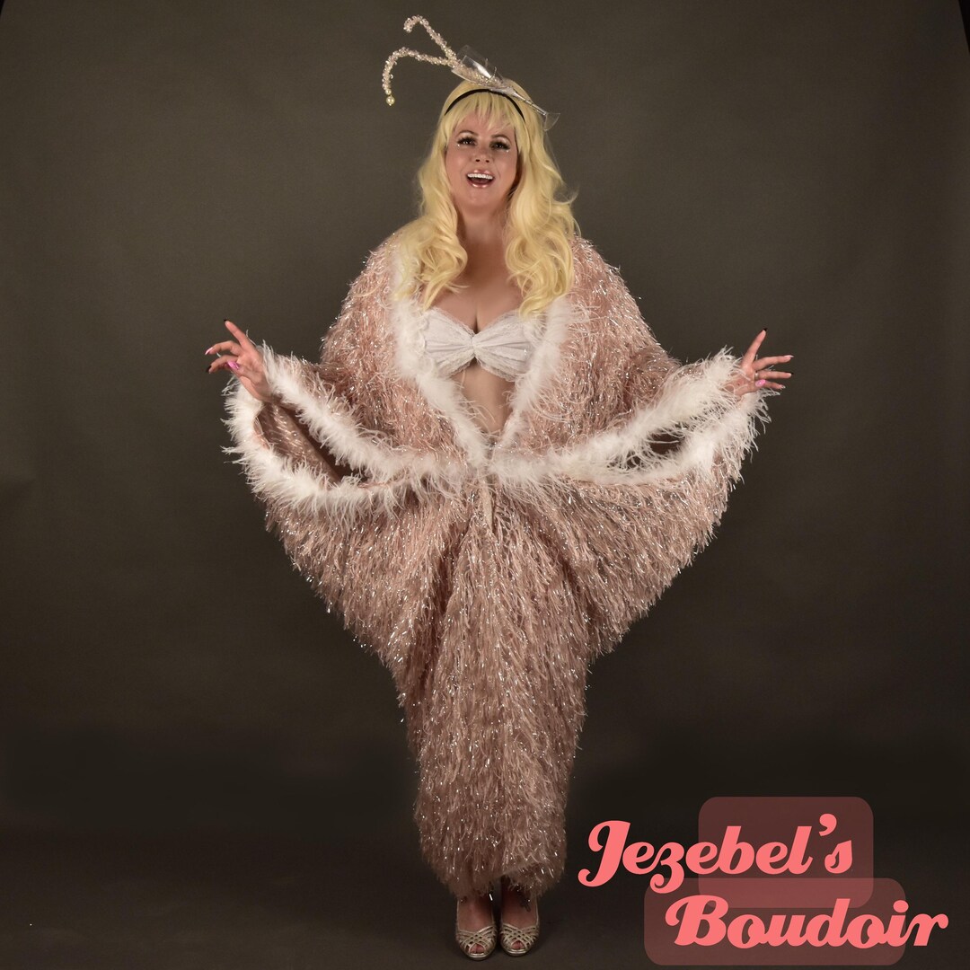 Kimono con frange di piume in pelliccia sintetica, vestaglia glamour