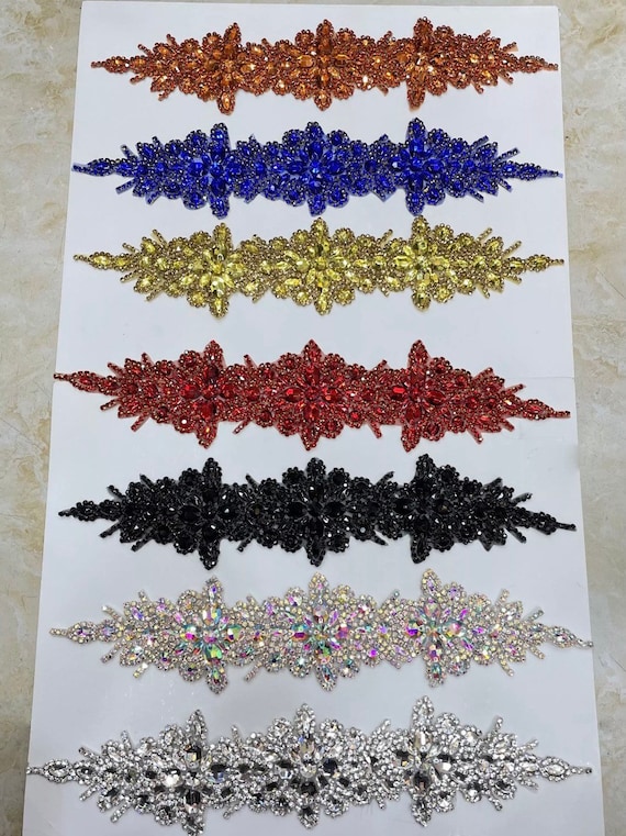 Large Rhinestone Appliqué Colorful- Dance Costume Fabric- Large Iron on Appliqué for pageant gown- beaded rhinestone belt- TR030