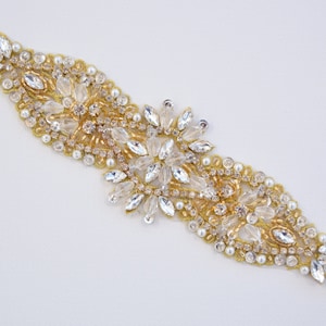 Gold Crystal Rhinestone Applique-Wholesale Bridal Trim-pearl and rhinestone applique-crystal applique-wedding applique-Gold Applique-TR85
