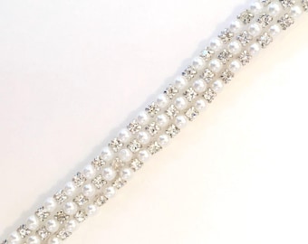 Crystal Rhinestone and pearl Trim by the Yard - Wholesale Bridal Trim - Rhinestone Applique - rhinestone banding [TR-033]