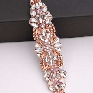 Rose Gold Rhinestone Applique- champagne motif crystal Wholesale Bridal Trim rose gold Rhinestone & opal hotfix trimming [TR-016]