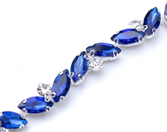 Sapphire Blue Rhinestone Trim by the Yard - Wholesale Bridal Trim -Thin Blue Crystal Rhinestone Trim-Rhinestone Applique TR023